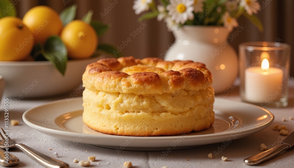 Lemon soufflé cake displayed on elegant plate with fresh lemons and candle in cozy setting Lemon soufflé cake displayed on elegant plate with fresh lemons and candle in cozy setting