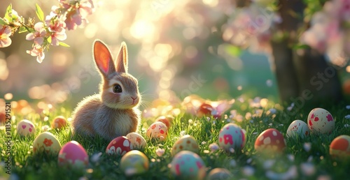 Cute rabbit sits among colorful Easter eggs in a sunlit meadow surrounded by ...