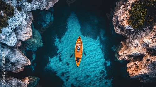 Exploring icy waters in a vibrant red kayak amidst floating icebergs