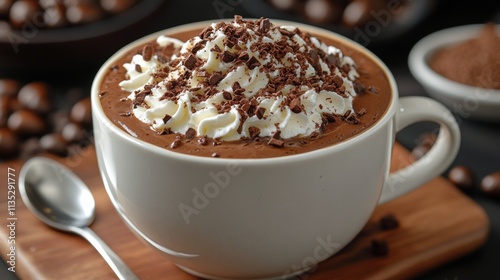 Warm coffee cups with whipped cream on saucers inviting relaxation and comfort