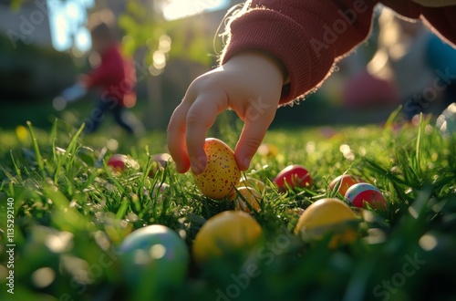 Child enjoying an outdoor Easter egg hunt during a sunny spring afternoon