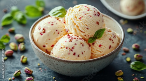 Creamy mint ice cream topped with chopped pistachios in a decorative bowl