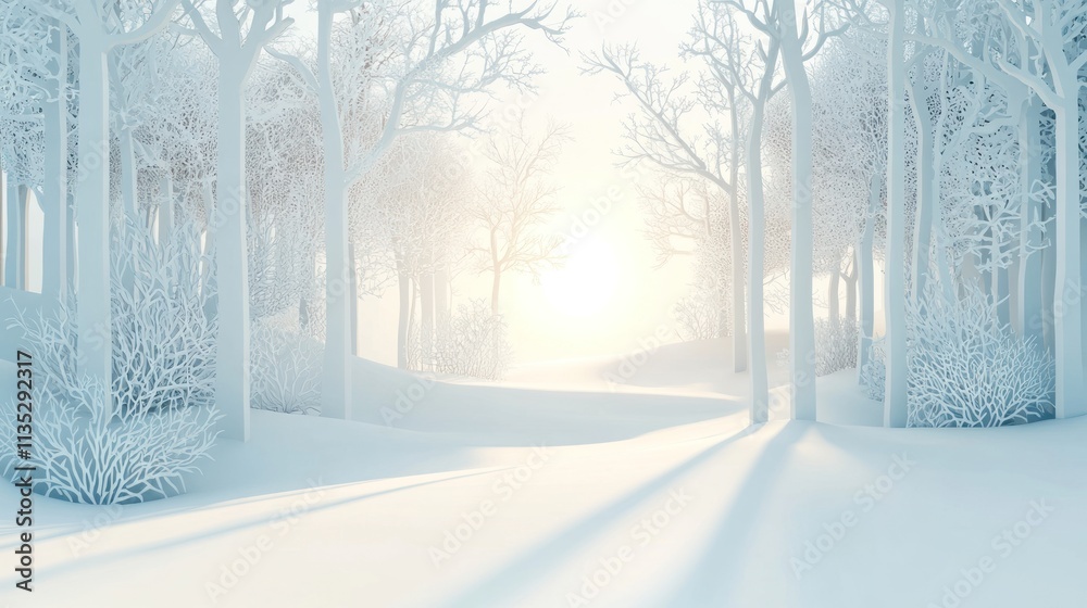 Naklejka premium Winter Wonderland: Serene Snowy Forest at Sunrise