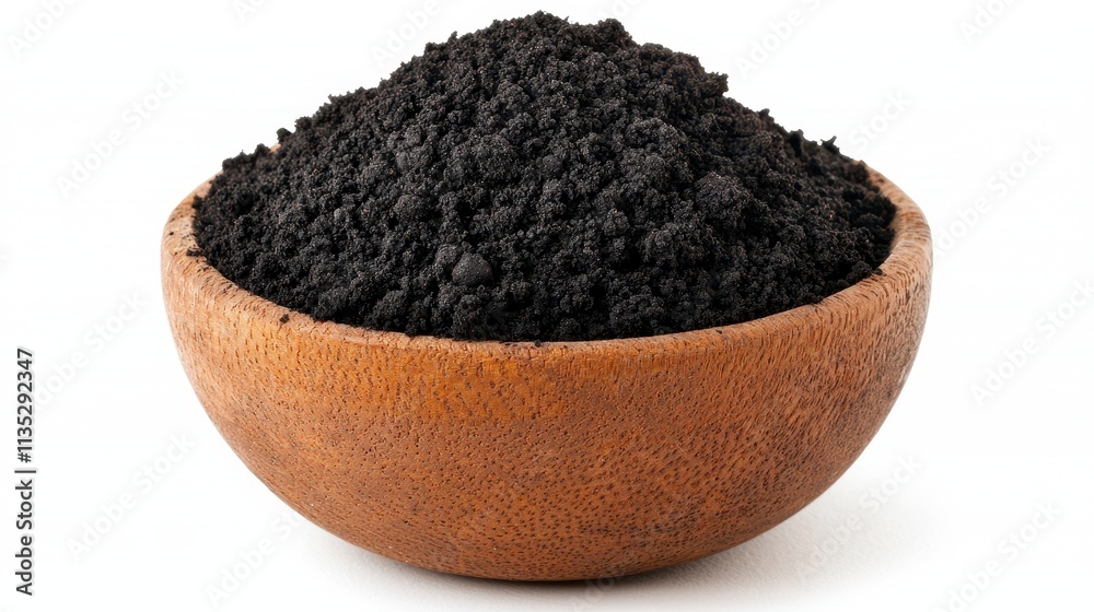 Dark Powder in Wooden Bowl Isolated on White Background Dark Powder in Wooden Bowl Isolated on White Background