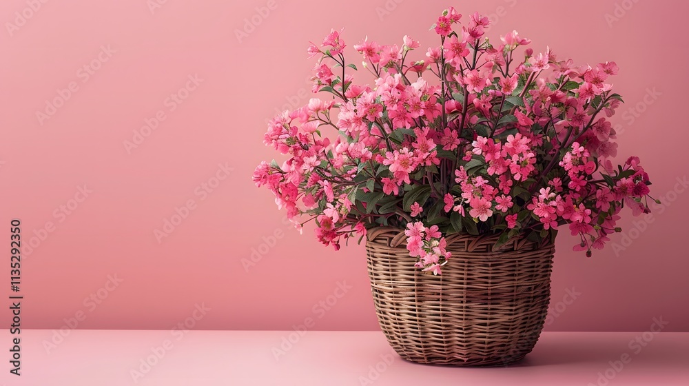 Pink wildflowers in wicker basket, soft floral arrangement, vibrant blooming flowers, elegant spring decor, clean pastel pink background with copy space, minimalistic artistic composition
Pink wildflowers in wicker basket, soft floral arrangement, vibrant blooming flowers, elegant spring decor, clean pastel pink background with copy space, minimalistic artistic composition