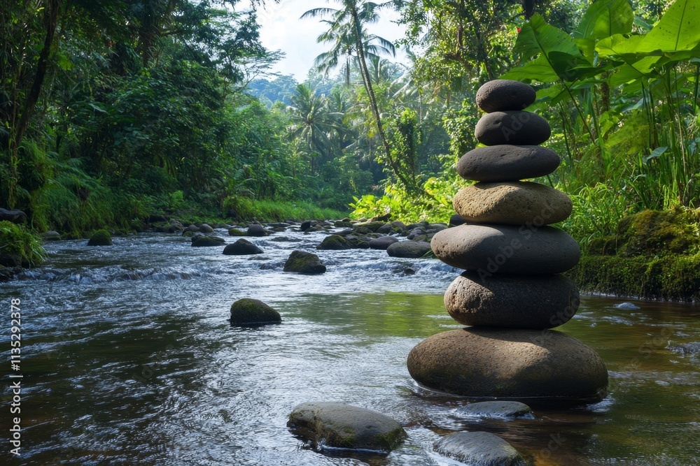 Serene River Scene with Stone Stacking Serene River Scene with Stone Stacking