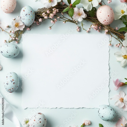 Decorative arrangement of pastel easter eggs and flowers with a blank card fo...