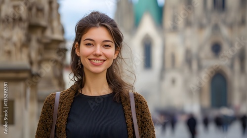 Young Woman Smiling Outdoors Near a Cathedral