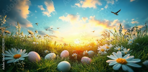 Colorful eggs hidden among flowers at sunset in a serene meadow landscape