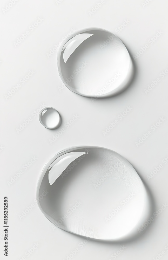 White background, top view of three transparent water droplets on the surface White background, top view of three transparent water droplets on the surface