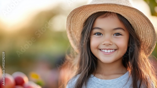 Young girl smiles brightly while holding a pumpkin during autumn harvest fest...