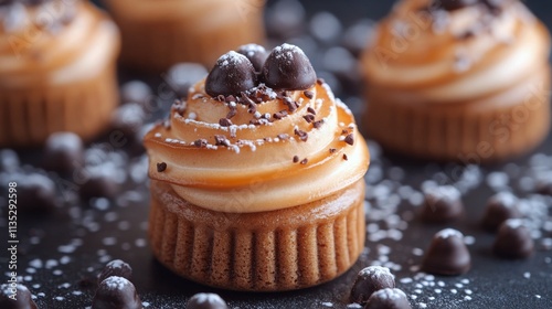 Delicious dessert cupcakes with chocolate and caramel topping showcased on da...