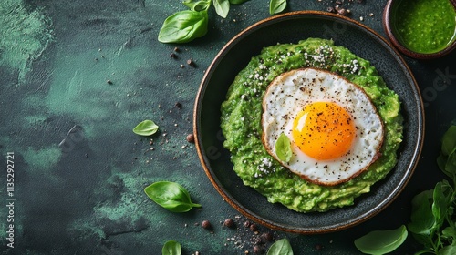 Delicious green dish served with egg and sauce on a dark textured background