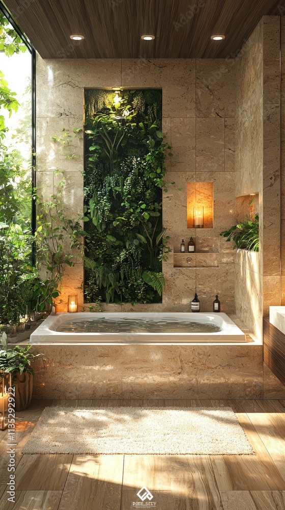 A luxury spa-like bathroom with a freestanding marble bathtub, a vertical garden wall, and soft ambient lighting A luxury spa-like bathroom with a freestanding marble bathtub, a vertical garden wall, and soft ambient lighting