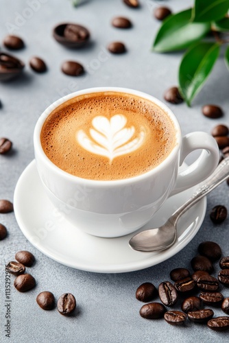 Warm cup of coffee with coffee beans and leaves on soft pink background