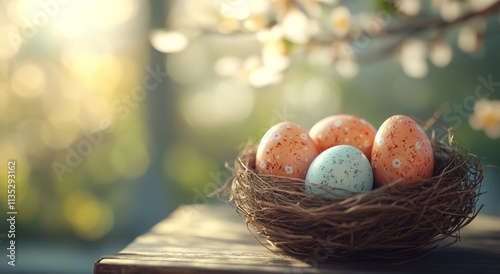 Colorful Easter eggs nestled in a natural nest surrounded by soft sunlight an...
