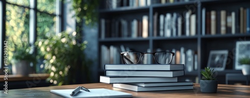 Books stacked on a wooden table with glasses and a small plant in a cozy read...