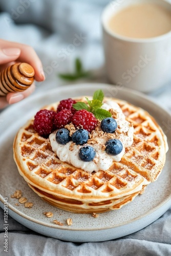 Delicious breakfast featuring a waffle topped with berries and honey served w...