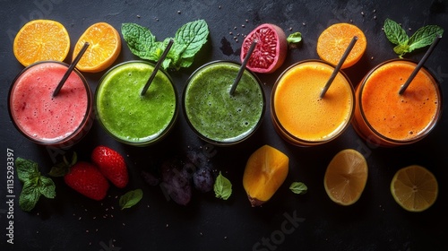 Colorful fruit smoothies served in tall glasses with fresh berries on top