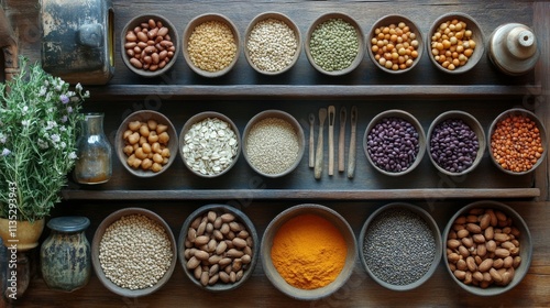 Colorful display of fresh ingredients and condiments in a wooden shelf arrang...