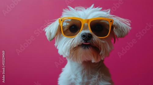 Stylish dog with yellow glasses posing against a vibrant pink background