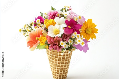 Vibrant and Colorful Flower Arrangement in Waffle Cone as Unique Floral Display for Celebrations and Events