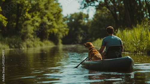 Man and his dog enjoy a peaceful afternoon kayaking on a serene river