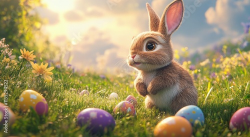 Happy bunny among colorful Easter eggs in a blooming garden during spring