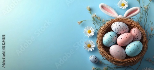 Cute bunny in a basket surrounded by pastel eggs and flowers for a spring cel...