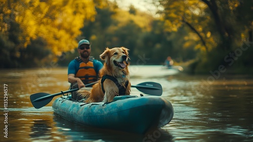 Man and his dog enjoy a peaceful afternoon kayaking on a serene river