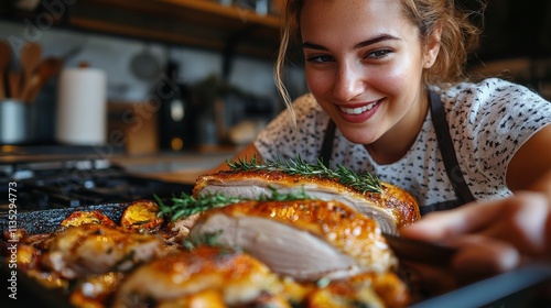 Smiling cook holds roasted turkey at festive kitchen during holiday preparations