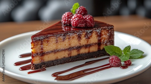Decadent chocolate cheesecake slice served on a rustic plate with rich sauce ...