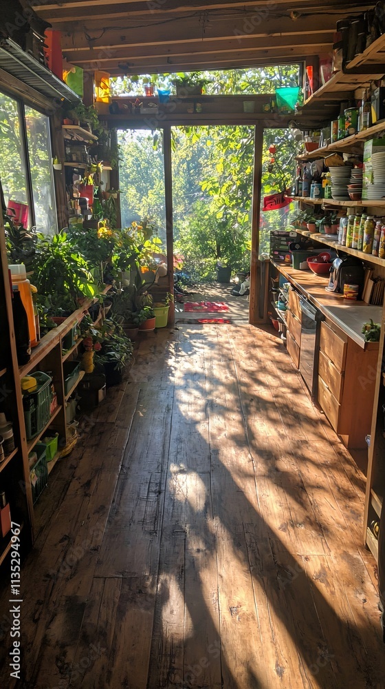 Fototapeta premium A sunlit garden shed filled with plants and gardening supplies.