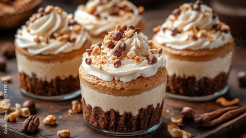 Cupcakes with creamy frosting and toppings on a wooden table in a cozy setting
