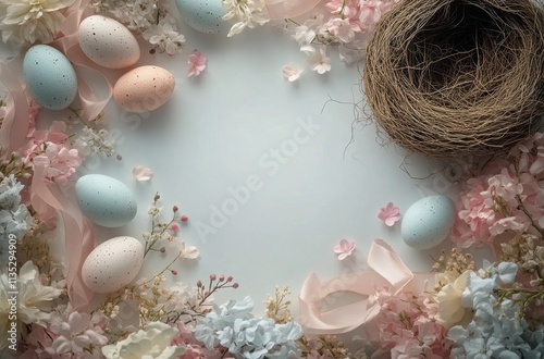 Decorative spring arrangement with pastel Easter eggs and flowers on a textur...