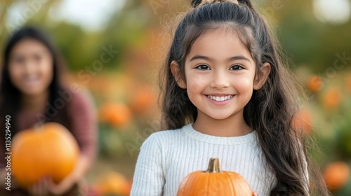 Young girl smiles brightly while holding a pumpkin during autumn harvest fest...