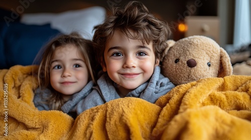 Summer evening outdoor movie experience for children enjoying a magical atmos...