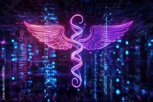 Neon Medical Symbol with Wings Set Against a Futuristic Background Representing Healthcare, Technology, and Digital Innovation in Modern Medicine
