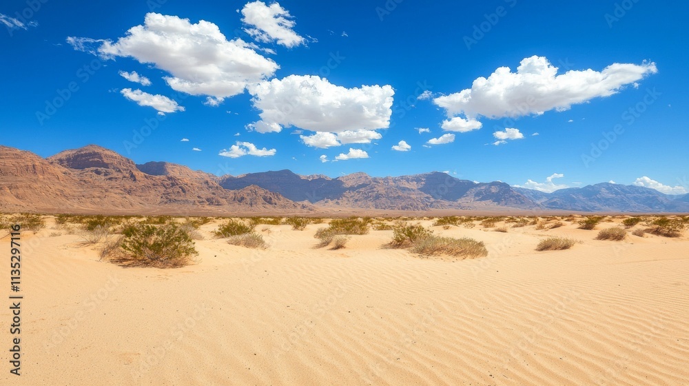 A vast desert landscape with mountains and fluffy clouds under a blue sky. A vast desert landscape with mountains and fluffy clouds under a blue sky.