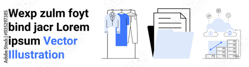 Clothes hanging on rack, documents filed in folders, cloud computing with data visualization. Ideal for business management, data storage solutions, cloud services, documentation management, office