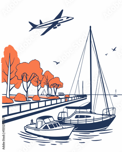 There are boats in the harbor. There is a plane in the sky. There are orange trees.r ,white backgraoun