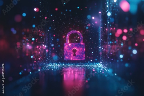 Abstract digital lock illuminated with colorful bokeh lights in a dark environment representing cybersecurity and digital protection concepts