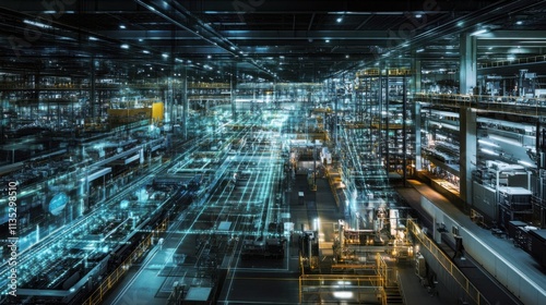 Futuristic Semiconductor Manufacturing Facility: Intricate Glowing Networks, Neon Lights, and Hyper-Realistic Automation Showcase Advanced Tech Infrastructure.