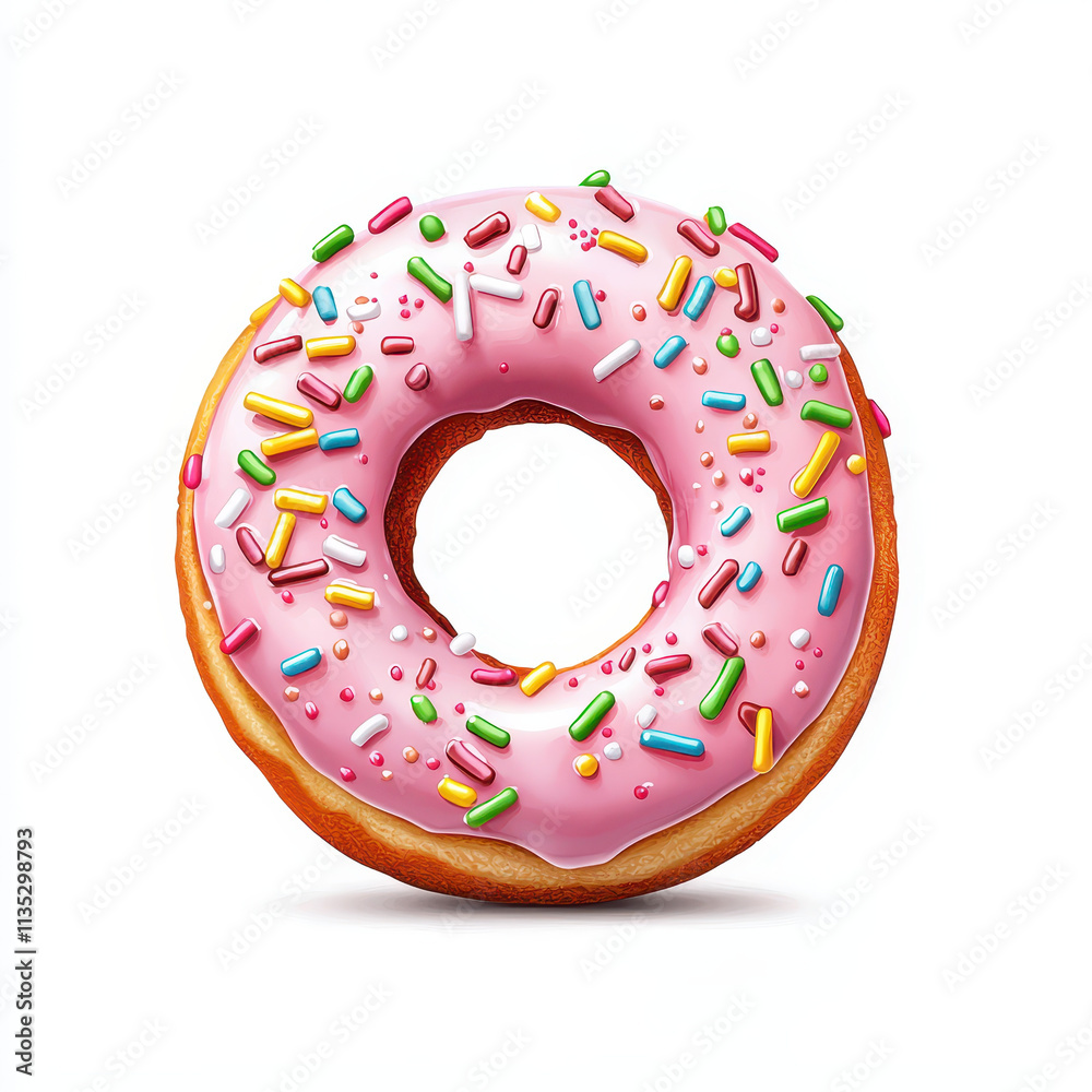Delicious pink donut with colorful sprinkles on white background Delicious pink donut with colorful sprinkles on white background
