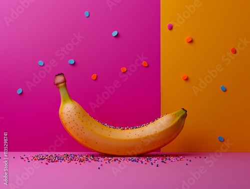 A Vibrant Banana Decorated with Colorful Sprinkles on Pink and Orange photo