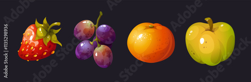Vector fruits collection. Strawberry, grape, tangerine and apple