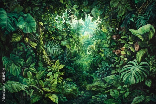 Lush jungle scene, vibrant greens, path through foliage. photo