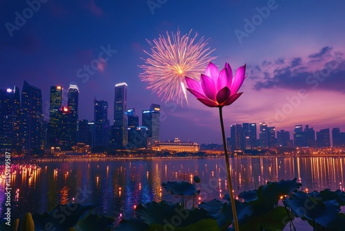 Serene Lotus Flower Against a Stunning Urban Skyline with Fireworks in the Background at Dusk, Reflecting on Calm Waters