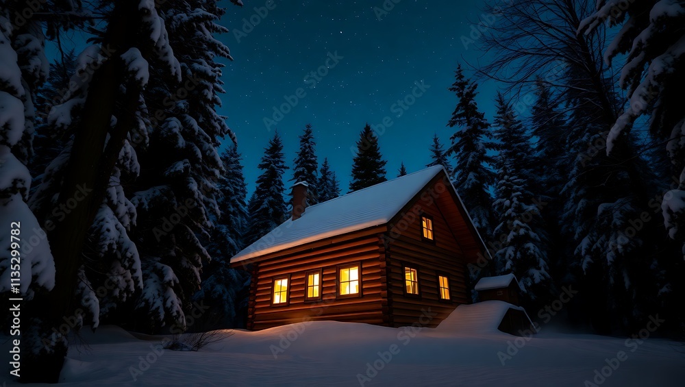A cozy cabin illuminated by warm lights amidst a snowy forest at night. A cozy cabin illuminated by warm lights amidst a snowy forest at night.
