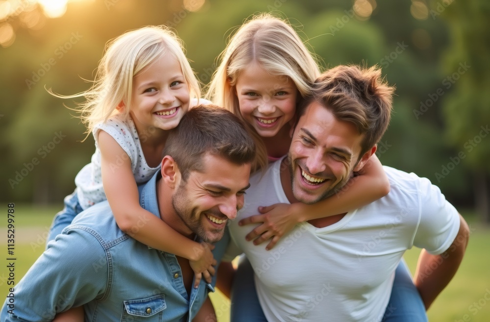 Golden Hour Family Fun: Two dads and their two daughters enjoy a playful piggyback ride in a sun-drenched park, radiating joy and warmth. Golden Hour Family Fun: Two dads and their two daughters enjoy a playful piggyback ride in a sun-drenched park, radiating joy and warmth.
